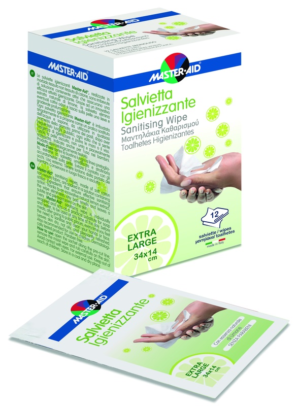 MASTER-AID SAVIETTA IMPREGNATA DI SOLUZIONE IGIENIZZANTE XL 12 PEZZI