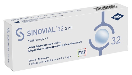 [930411121] SIRINGA INTRA-ARTICOLARE SINOVIAL 32 ACIDO IALURONICO SALE SODICO 1,6% 32MG/2ML 2ML + AGO 21 GAUGE