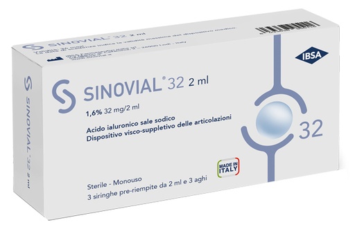 [930411145] SIRINGA INTRA-ARTICOLARE SINOVIAL 32 ACIDO IALURONICO SALE SODICO 1,6% 32MG/2ML 3 SIRINGHE X 2ML + 3 AGHI
