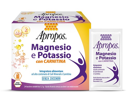 [983274364] APROPOS MAGNESIO E POTASSIO CON CARNITINA 24 BUSTINE SOLUBILI DA 3,5 G GUSTO ARANCIA SENZA ZUCCHERI